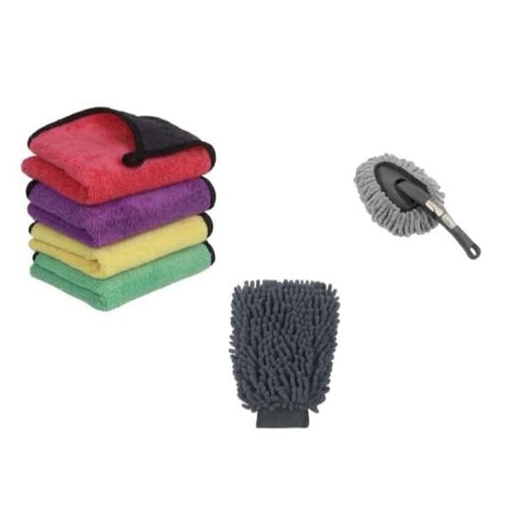 Dunexa Kitchen Car Cleaning Kit with Microfibre Towels, Wash Mitt, and Duster, Multicolour, Set of 6