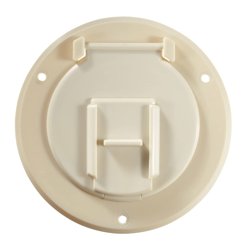 RV Designer Round Electrical Cable Hatch, 4.3" Diameter, Replaceable Lid, Colonial White, Model B122, Plastic