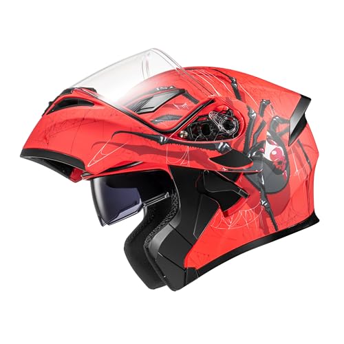 KYPARA Dual Visor Modular Full Face Motorcycle Helmet, DOT Certified, ABS Material, X-Large, Red Spider Design