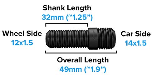 20pcs Black Wheel Stud Conversion - 14x1.5 to 12x1.5, 50mm Total Length, 32mm Shank Length - Compatible with Audi Mercedes Volks