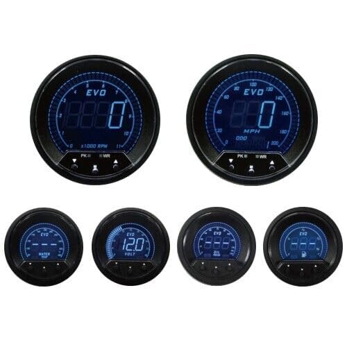 MOTOR METER RACING EVO Digital Gauge Set - 3-3/8" GPS Speedometer & 2-1/16" Gauges - Blue Red White Green LED, Aluminum, Peak
