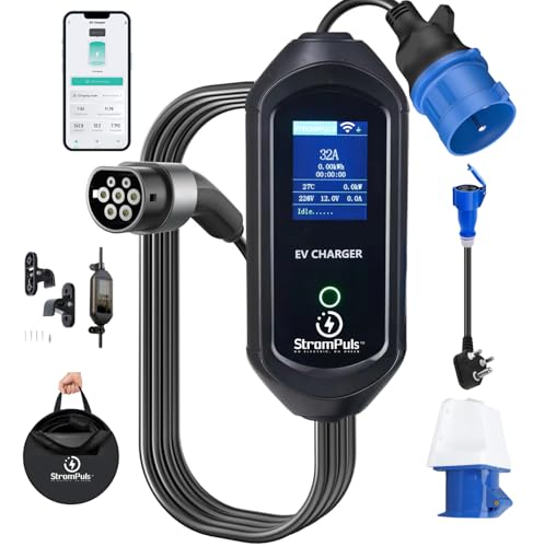 Strompuls 7.2 Kw Portable Ev Charger, Smart App, 1 Phase, 2.6Inch Large Screen, Ip65, 5 Meter Tpu Cable, Adjustable Amp, Bag,Wal