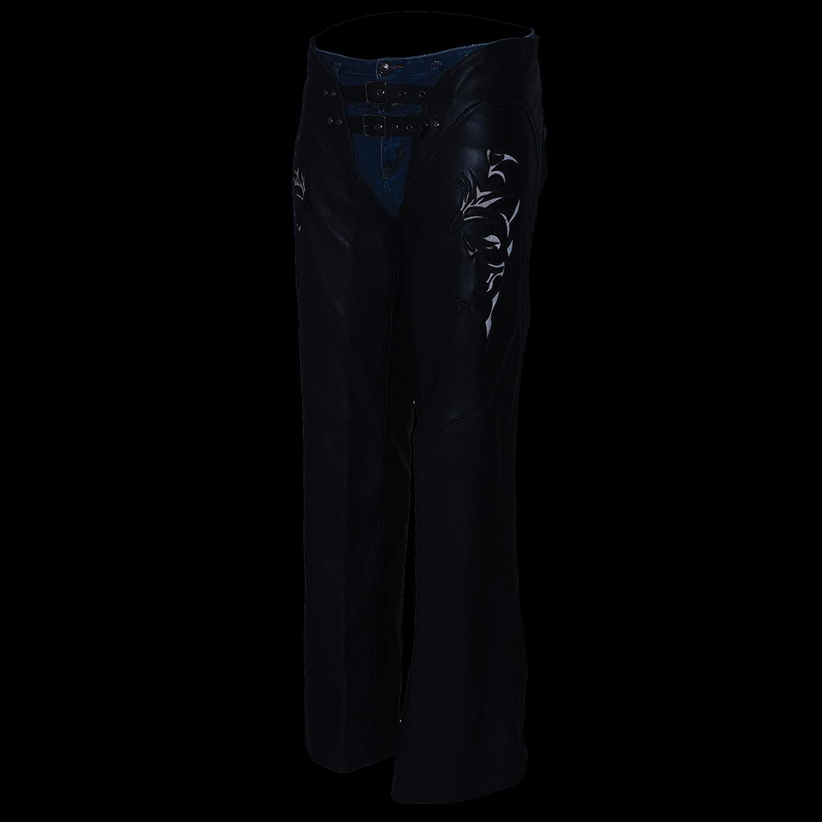 Milwaukee Leather Chaps for Women Black Low-Rise Waist- Double Buckle Reflective Embroidery Motorcycle Chap- ML1187-4X-Large