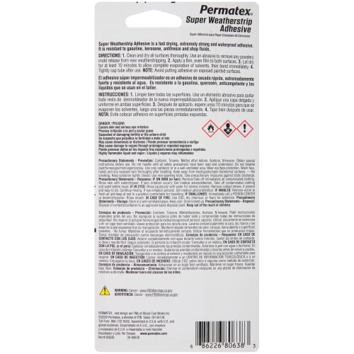 Permatex Super Weatherstrip Adhesive, 2 oz, Yellow, Rubber/Metal, Model 80638