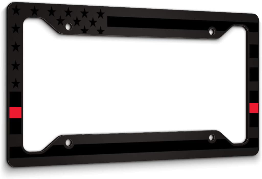 Jass Graphix American Flag License Plate Frame - Thin Red Line- Car Tag Frame -Firefighter Red On Black