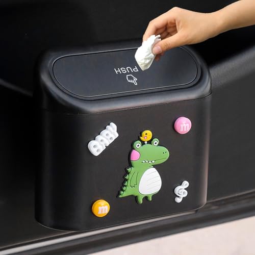 Wolpin Pp Car Trash Bin Can Holder Dustbin Hanging Black (15.5 X 14 Cm) Press Top Waste Bin With Cute Stickers
