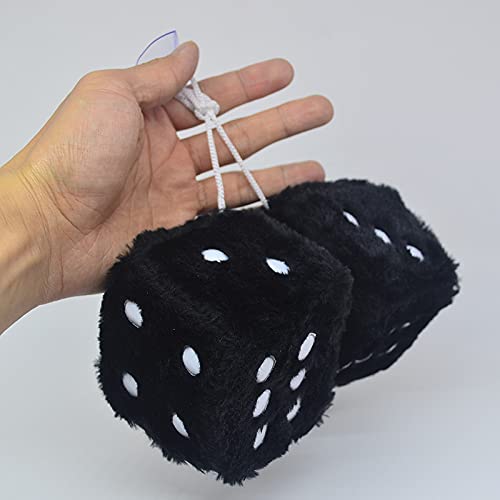 Fuzzy Plush Dice For Car Mirror, Pair Of Retro 3    Black Dice With White Dots For Car Interior Hanging Ornament Decoration
