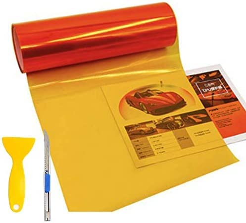 KOMAS 12 x 48 Glossy Orange Tint Vinyl Film Sticker Roll for Car Headlight, Tail Lights & Fog Lights with Squeegee + Cutter