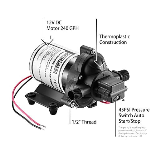 Wassermann 12V Self-Priming RV Water Pressure Pump 4.0GPM 45PSI, Black/Grey, Model WDPC