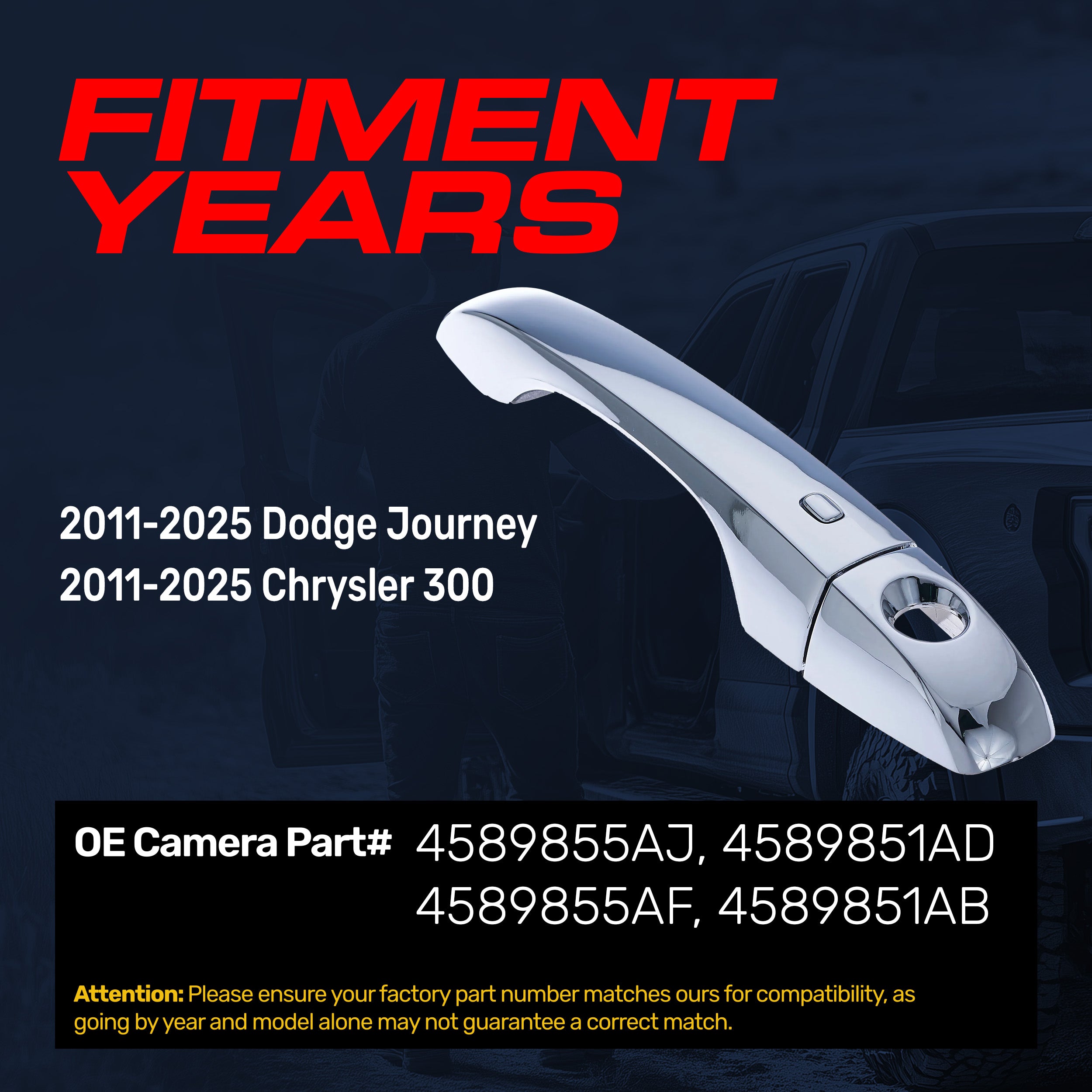 Exterior Door Handle Chrome Replacement for Dodge Journey (2011-2025) / Chrysler 300 (2011-2025) OE Part # 4589855AJ, 4589851AD, 4589855AF, 4589851AB | Front Left Driver Side