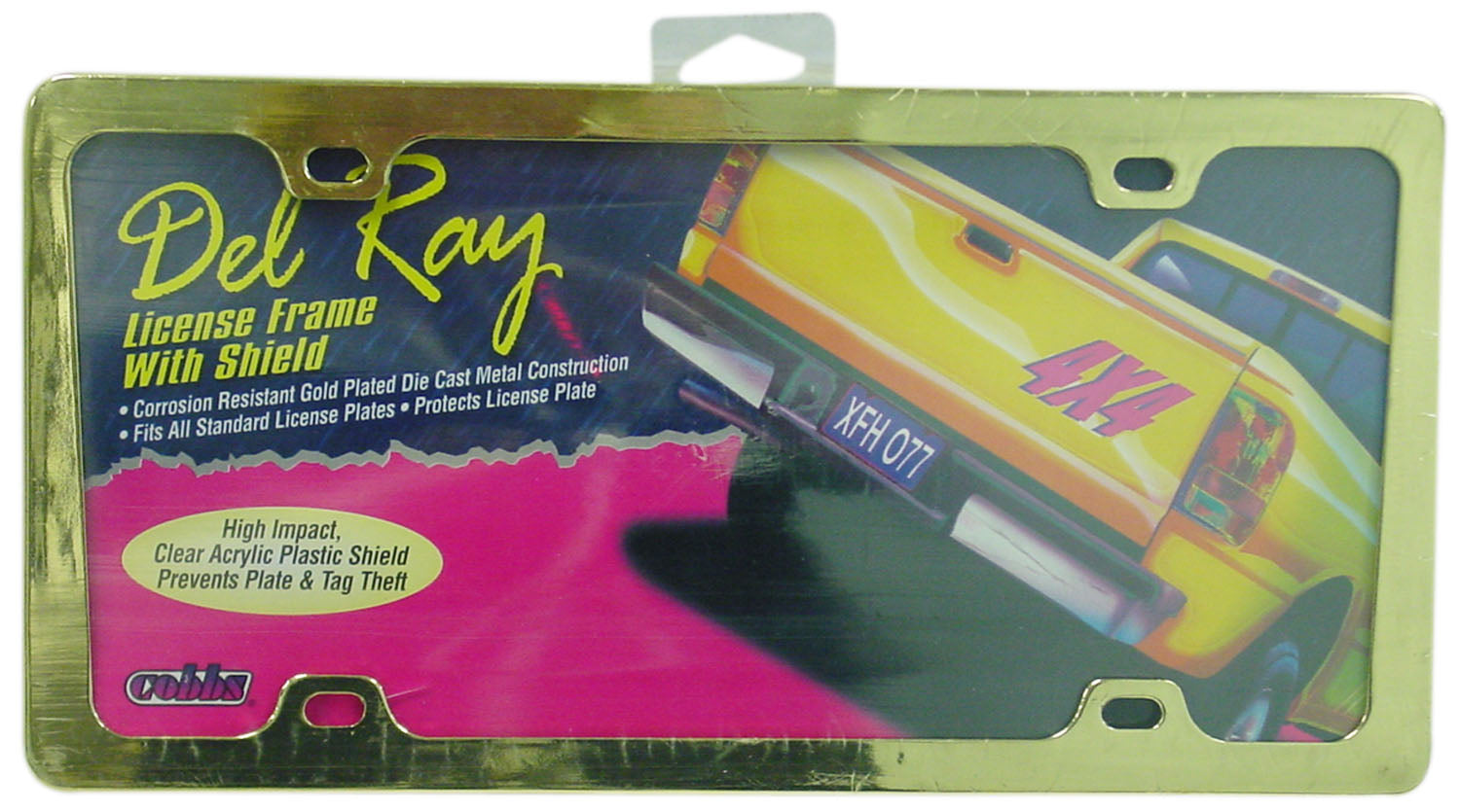 DELUXE GOLD PLATED DIE CAST DELRAY LICENSE PLATE FRAME WITH HIGH IMPACT CLEAR ACRYLIC PLATE SHIELD
