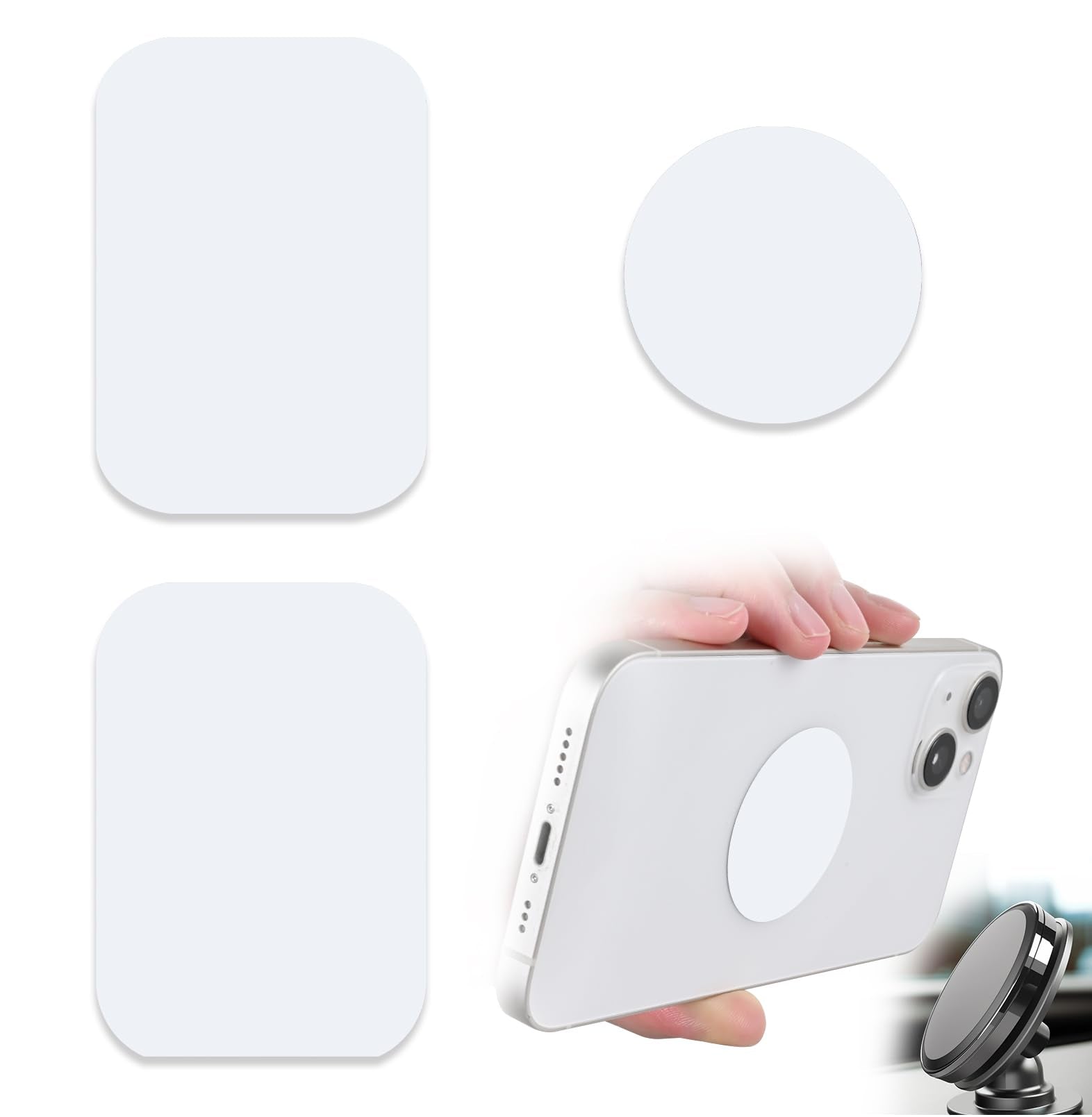 ZYAOTWQZ Phone Magnets - Universal Metal Plates, 2 Rectangular and 2 Round with Adhesive, Car Magnets (White)