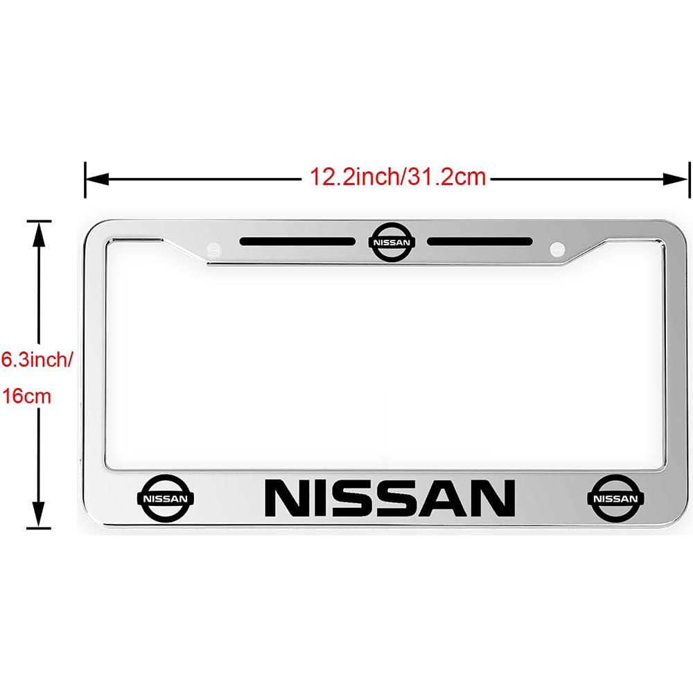 2 Pack Aluminum Alloy License Plate Cover Front Metal For Nissan License Plate Frames With Chrome Screw Caps & 2 Holes (Car11)