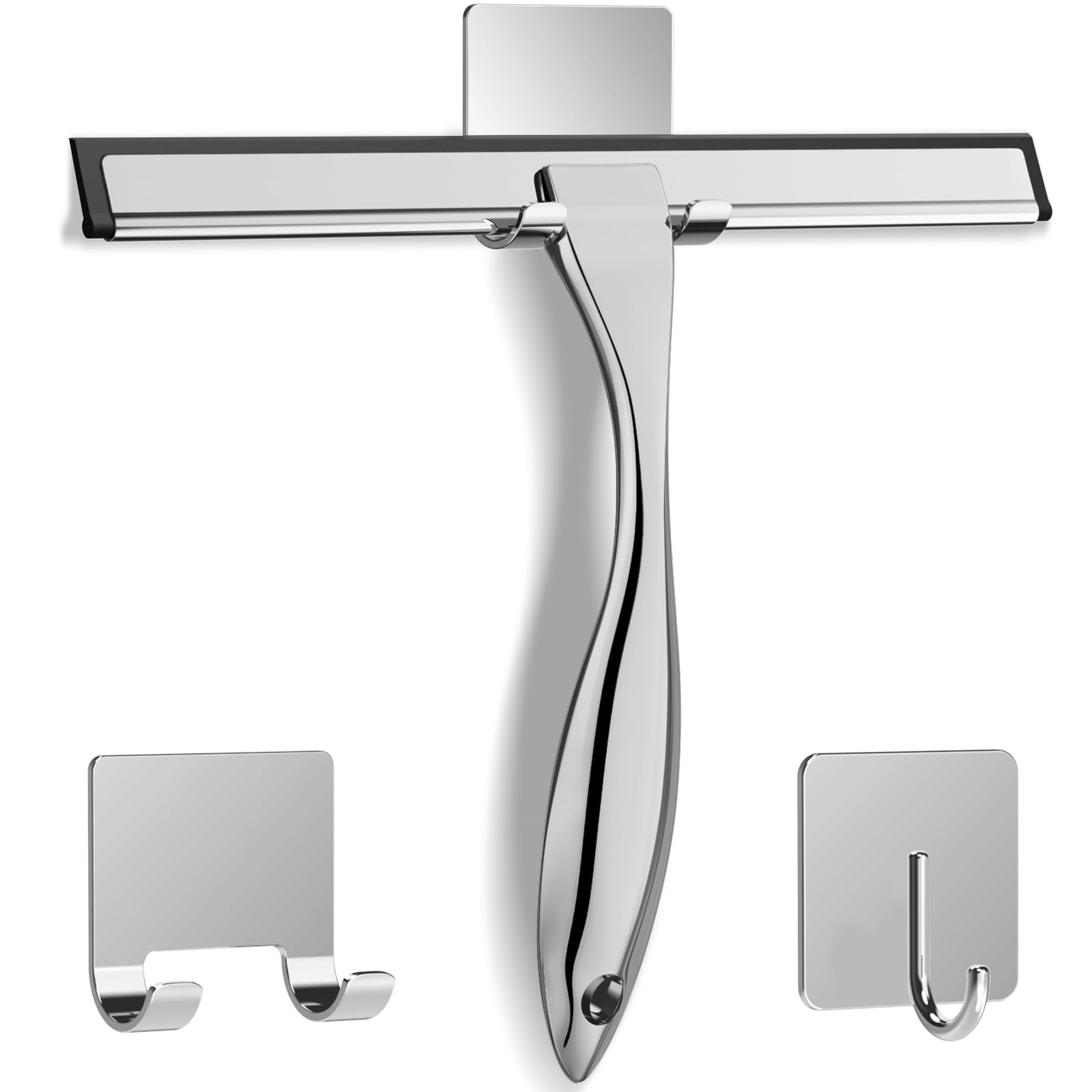 All-Purpose Stainless Steel Shower Squeegee For Shower Glass Door With 2 Adhesive Hooks, Bathroom Cleaner Tool Household Window