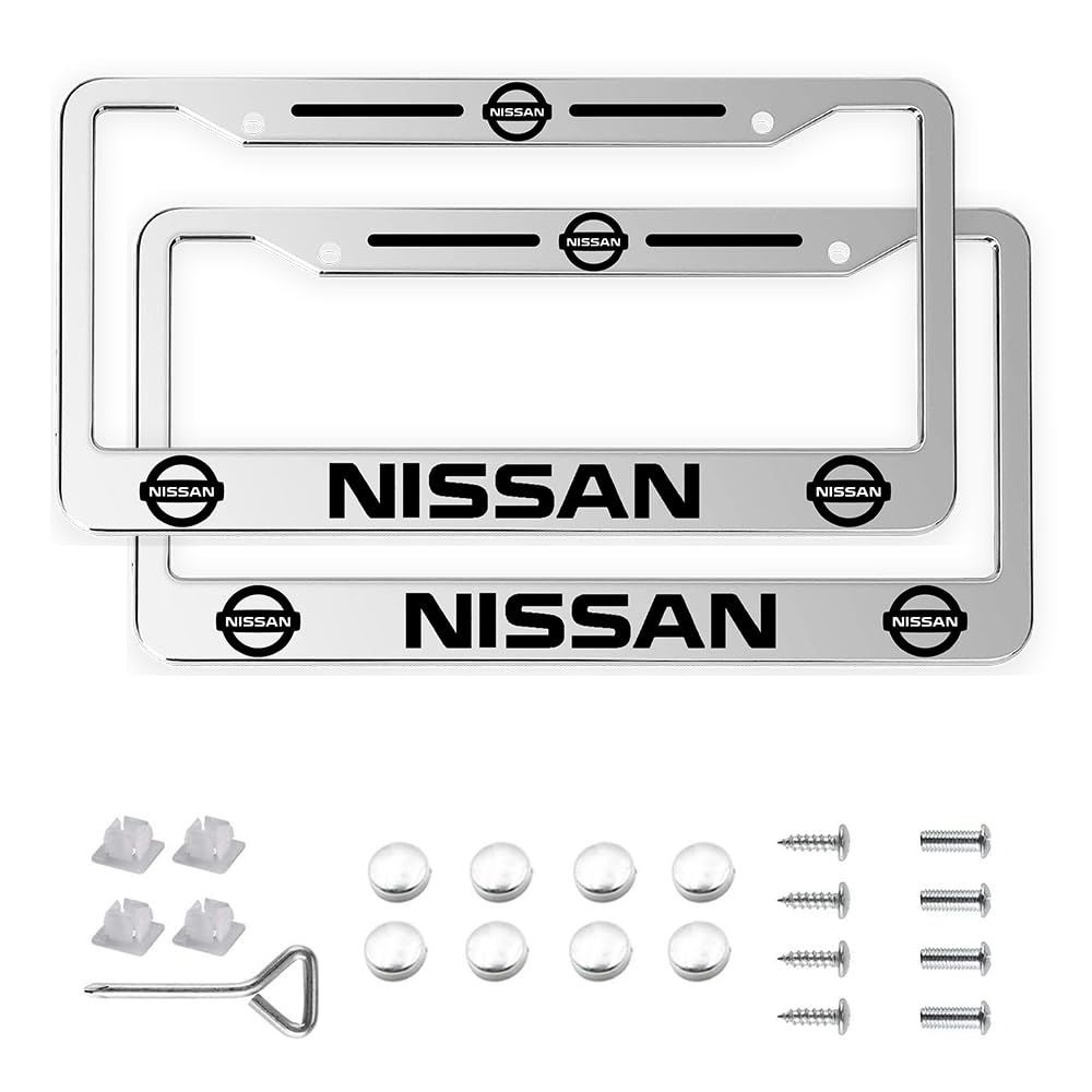 2 Pack Aluminum Alloy License Plate Cover Front Metal For Nissan License Plate Frames With Chrome Screw Caps & 2 Holes (Car11)