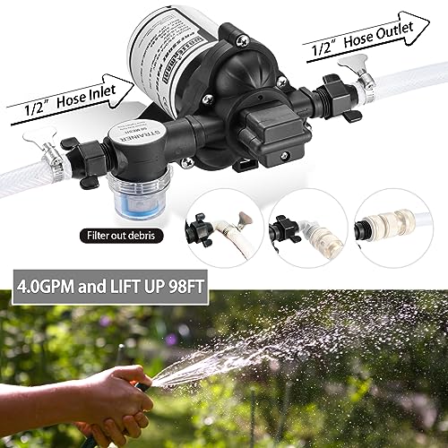 Wassermann 12V Self-Priming RV Water Pressure Pump 4.0GPM 45PSI, Black/Grey, Model WDPC