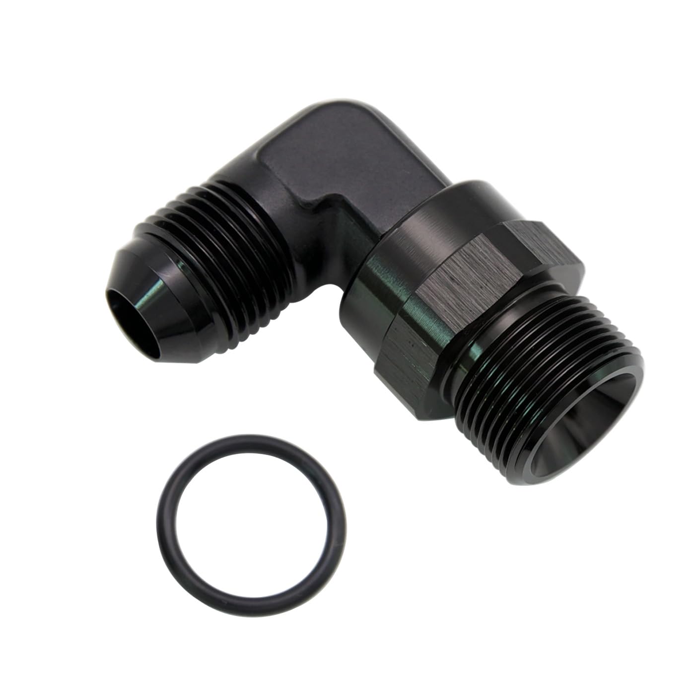 High Flow Radius 90 Degree Aluminum -8 AN Male Flare to 7/8-20 Male Swivel Fitting Adapter With O ring ORB Port, Black