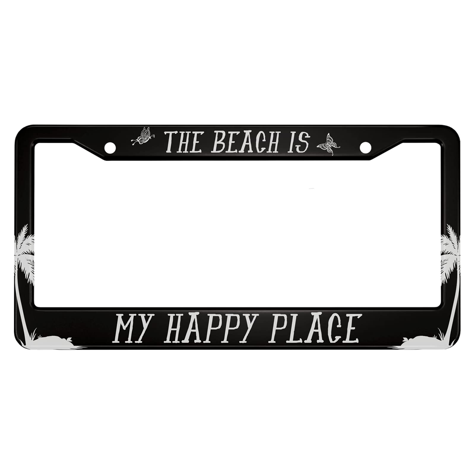 Ofloral The Beach Is My Happy Place Aluminum Alloy License Plate Frame Palm Tree And Flying Butterflies Applicable To Us Standar