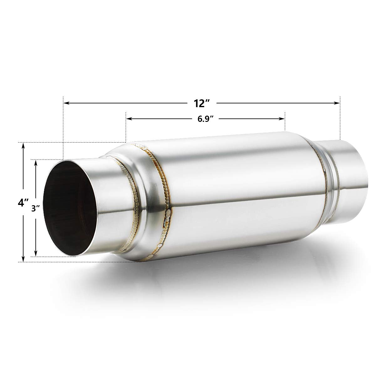 A-KARCK Exhaust Resonator 3" Inlet/Outlet, 12" Long, Stainless Steel, Silver - Deep Tone Muffler for Performance