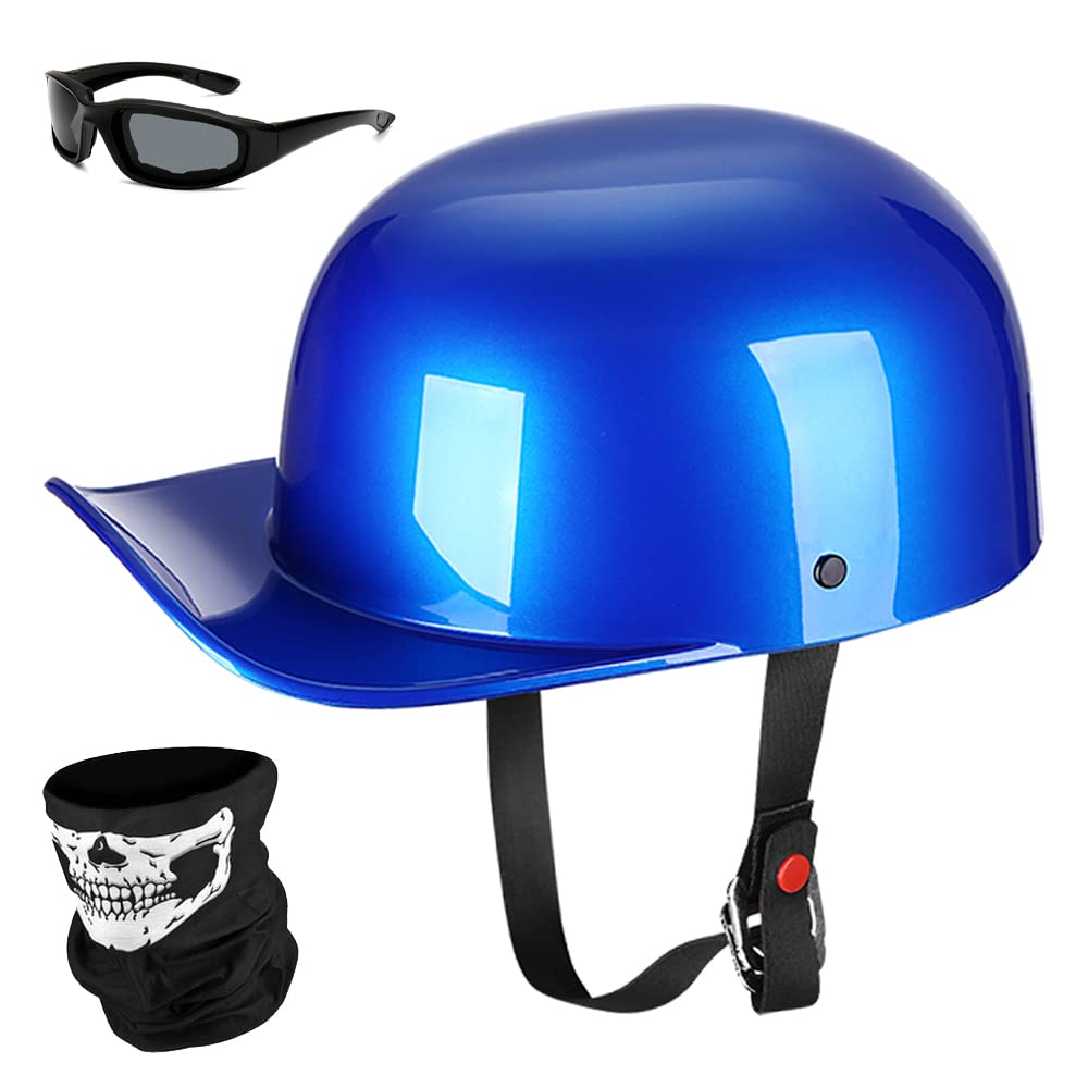 Yesmotor Baseball Motorcycle Helmet Half Cap For Bike Cruiser Chopper Moped Scooter- Dot Approved (Blue, L)