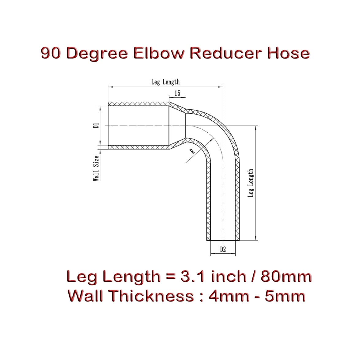 Autobahn88 Automotive Silicone Hose Bend, 90-Deg Elbow Reducer Coupler, ID=3'' to 2'' (76 to 51mm), Leg Length 3.13'' (80mm), Wa