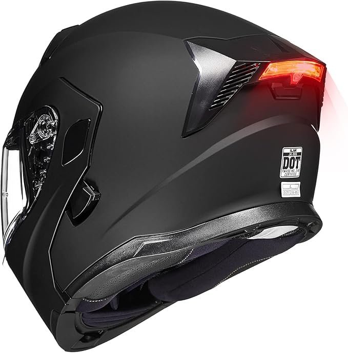 ILM Motorcycle Dual Visor Modular Flip up Full Face Helmet with LED Tail Light and Sun Visor DOT Model 906L(Matte Black,Large)