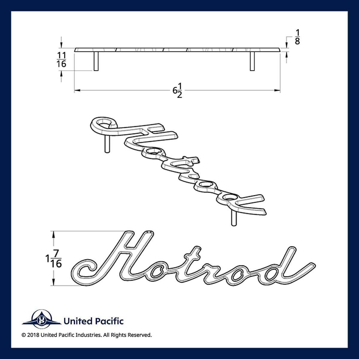 United Pacific S1001 Chrome''Hotrod'' Script Emblem With Stud