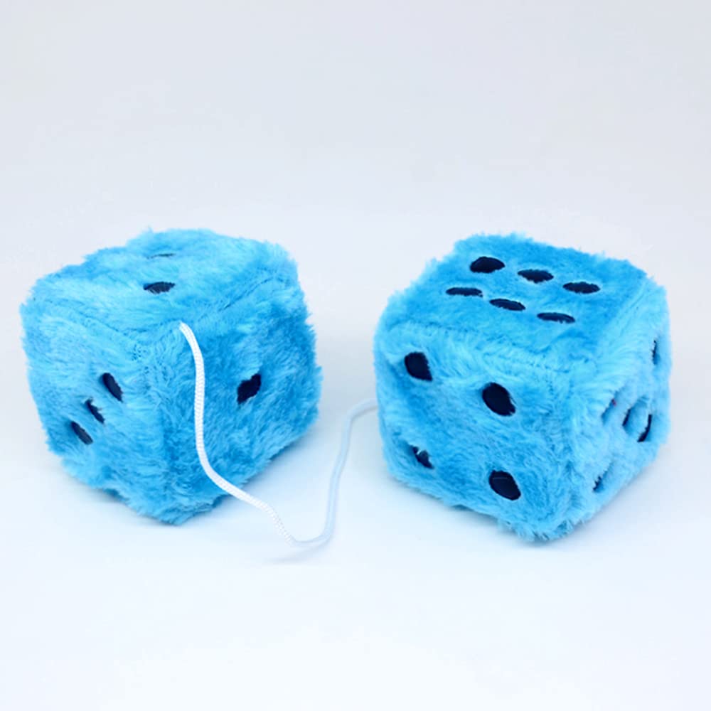 Fuzzy Plush Dice For Car Mirror, Pair Of Retro 3    Light Blue Dice With Black Dots For Car Interior Hanging Ornament Decoration