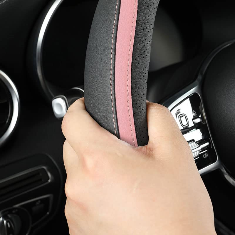 Car Steering Wheel Cover, Leather Steering Wheel Cover Pink Universal 14.5-15 Inch Microfiber Leather Anti-Slip Breathable Auto