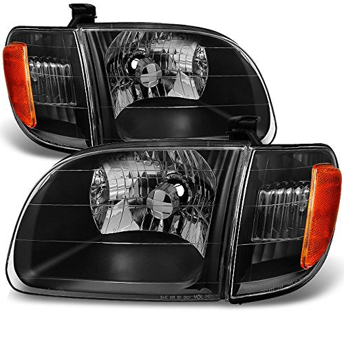 AKKON Headlights Pair for 2000-2004 Toyota Tundra | Black Housing with Corner Lights