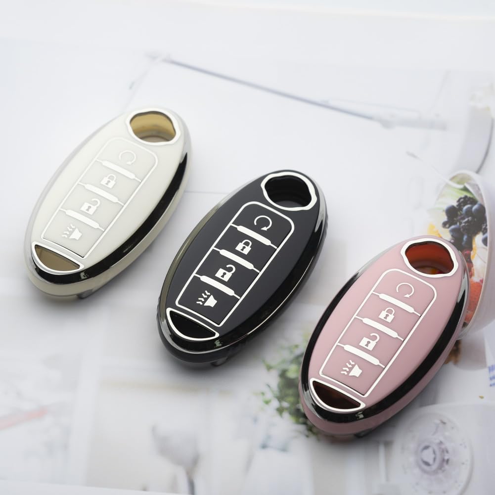 Tautrophen Key Fob Cover for Nissan Infiniti, 4 Buttons, TPU, Silver and Pink, Model RC403-YF