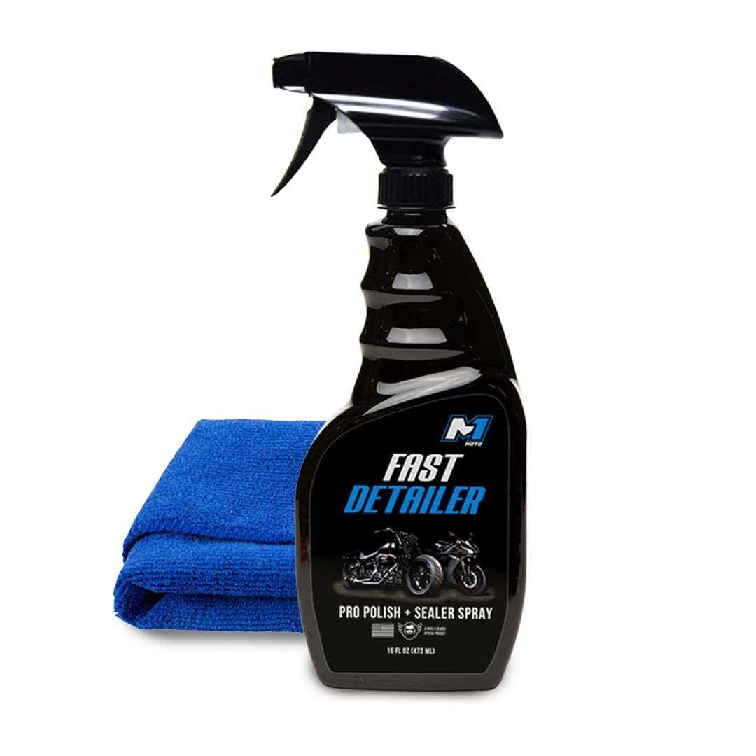 M1 Moto Fast Detailer Motorcycle Cleaner, Pro Polish Plus Sealer Spray, All-In-One Every Surface Motorcycle Cleaning Kit With Microfiber Cloth, Quick Detailer, 16 Fl Oz