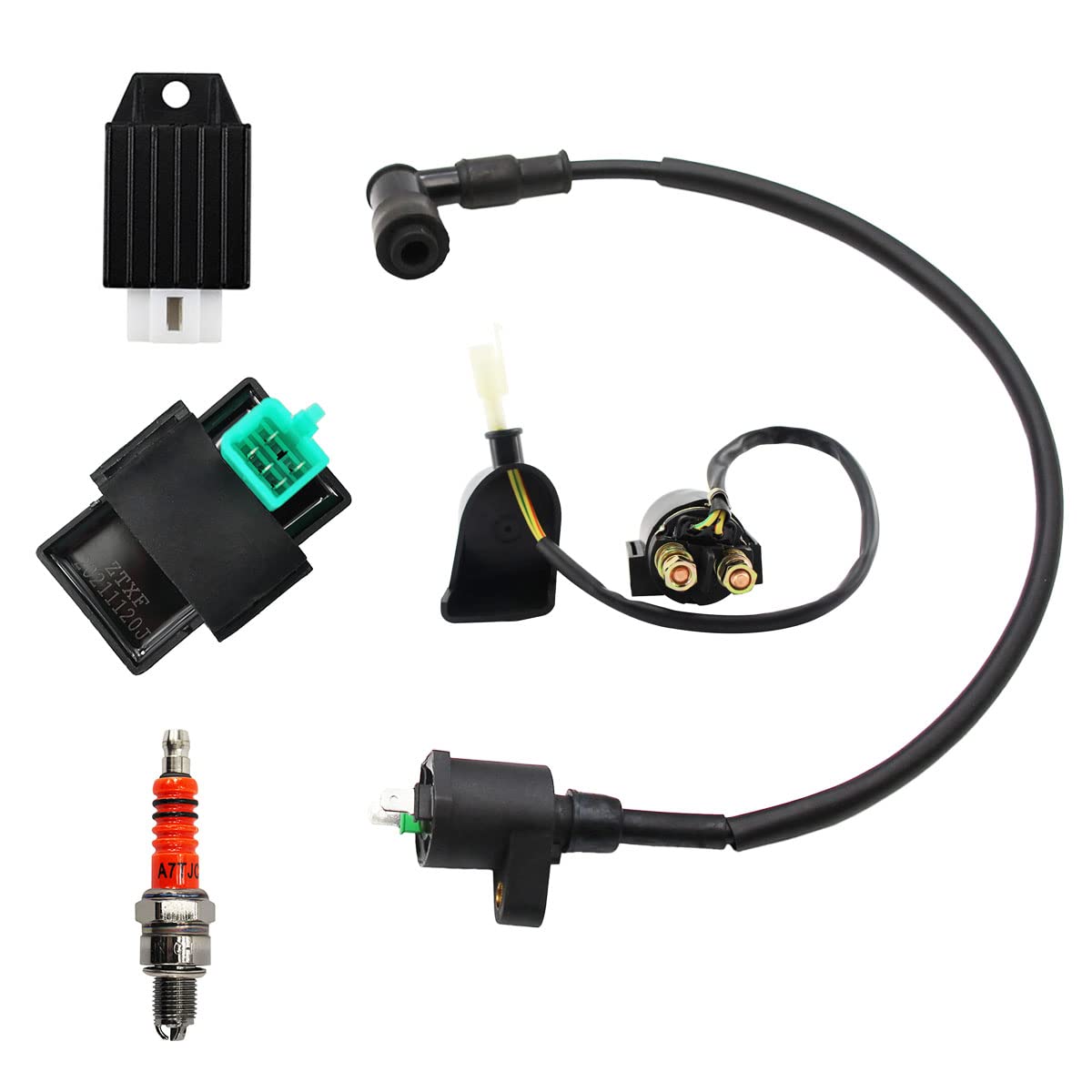 PRO BAT 2-Wire Ignition Coil Solenoid Relay Voltage Regulator 5-PIN CDI Box Spark Plug for 50cc 70cc 90cc 110cc 125cc ATV Go Kar