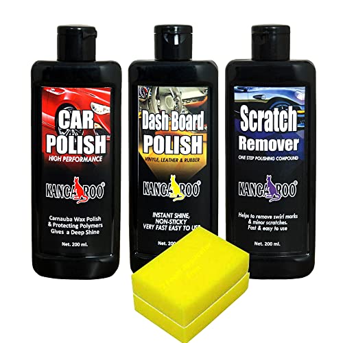Kangaroo Car Care Kit (Car Polish + Dashboard Polish + Scratch Remover) 200 Ml Each + 2 Sponge Fast And Easy To Use