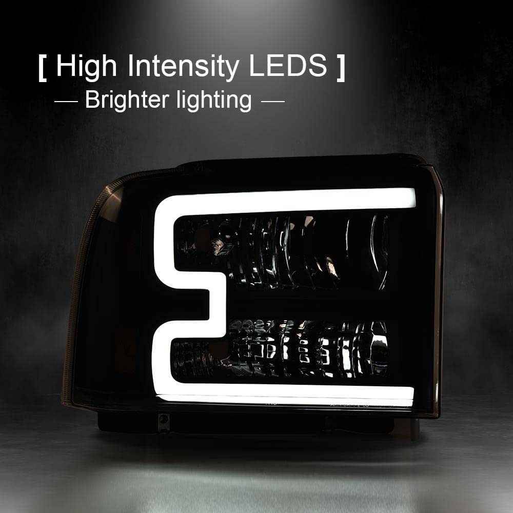 PIT66 LED DRL Headlight for Ford F250 F350 F450 F550 2005-2007, Smoky Lens, Polycarbonate, Harness Style