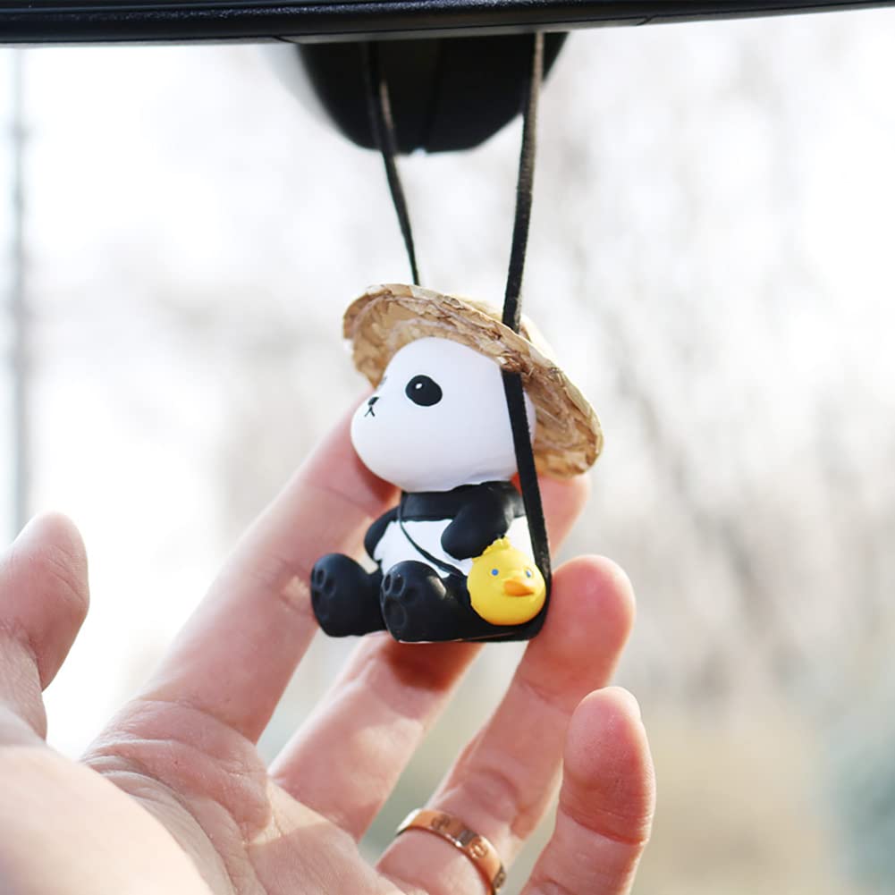 Amioro Cute Swinging Panda Car Mirror Accessories Fun Interior Rearview Mirrors Decorations (Hat Panda)