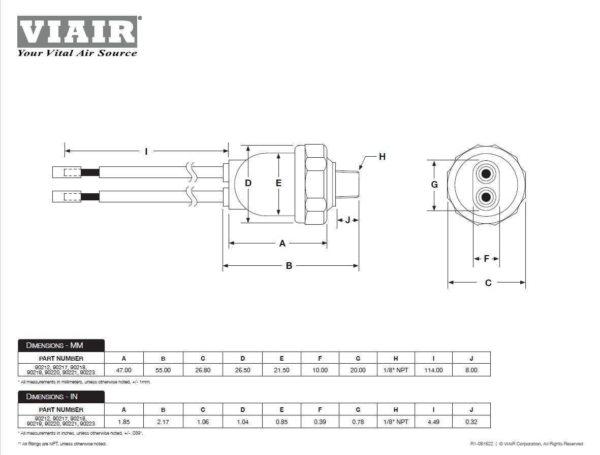 Viair 90221 Pressure Switch 165/200 Psi