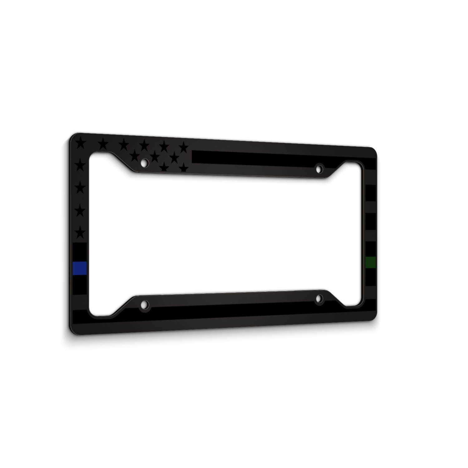 Almost Invisible American Flag License Plate Frame - Thin Blue Line Thin Green Line- Car Tag Frame -Blue Green On Black Police M