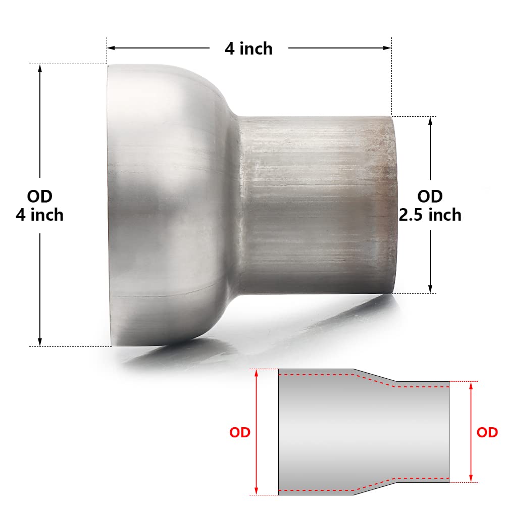 A-Karck Exhaust Adapter Connector 2.5'' Od To 4'' Od, Exhaust Pipe Reducer 4'' Overall Length 304 Stainless Steel