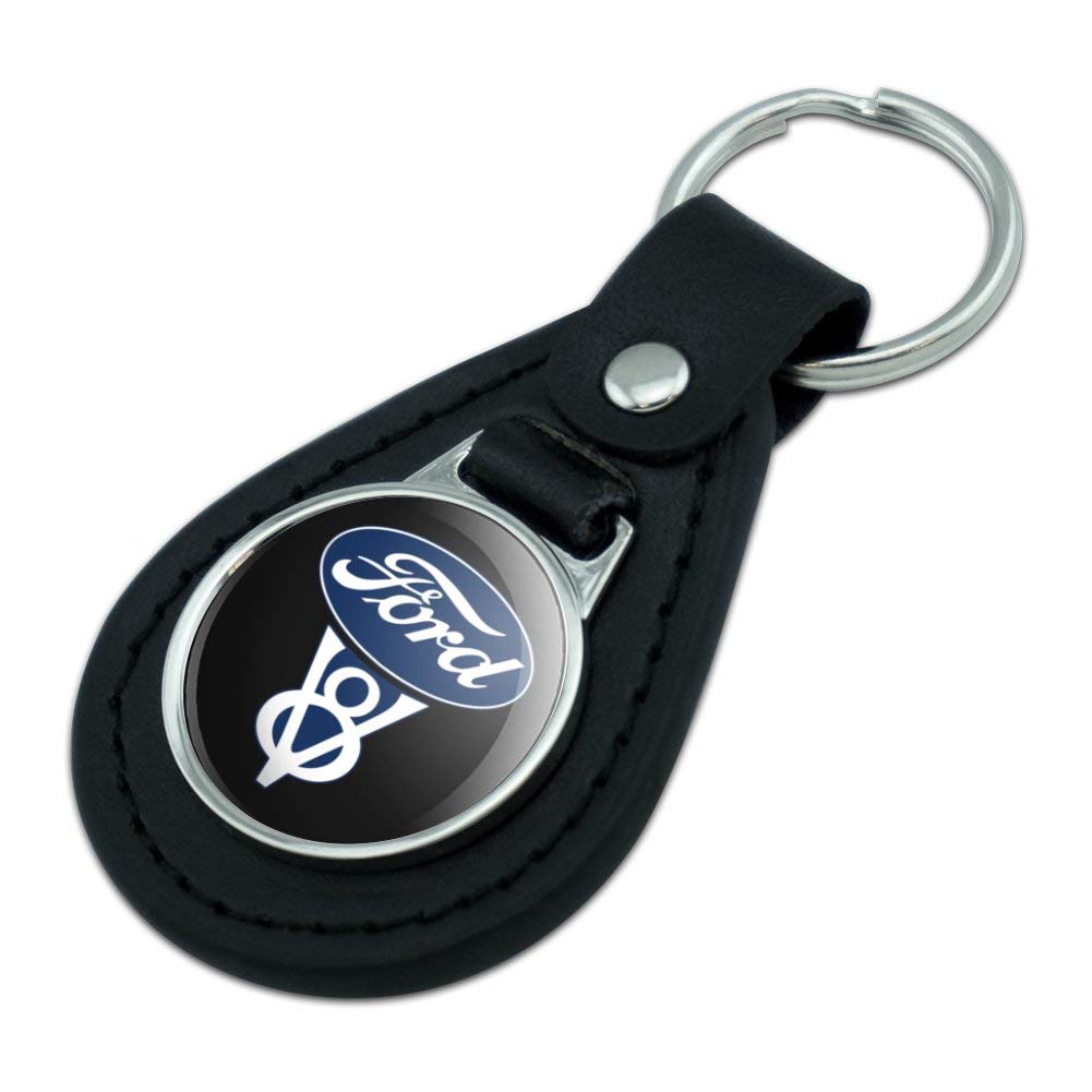 GRAPHICS & MORE Black Leather Ford Vintage V8 Keychain - One Size, Durable Metal and Leather, Classic Design
