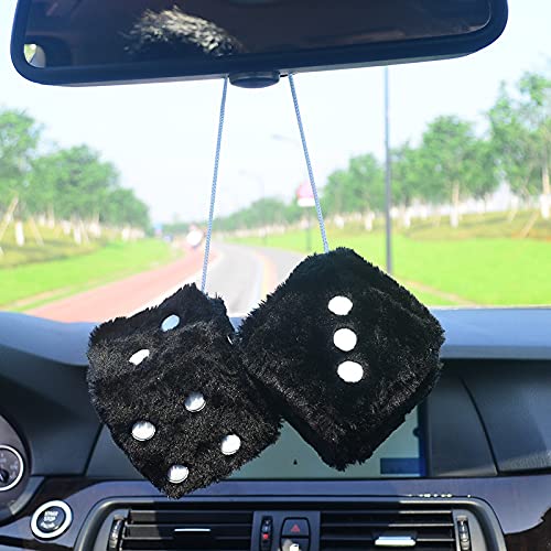 Fuzzy Plush Dice For Car Mirror, Pair Of Retro 3    Black Dice With White Dots For Car Interior Hanging Ornament Decoration