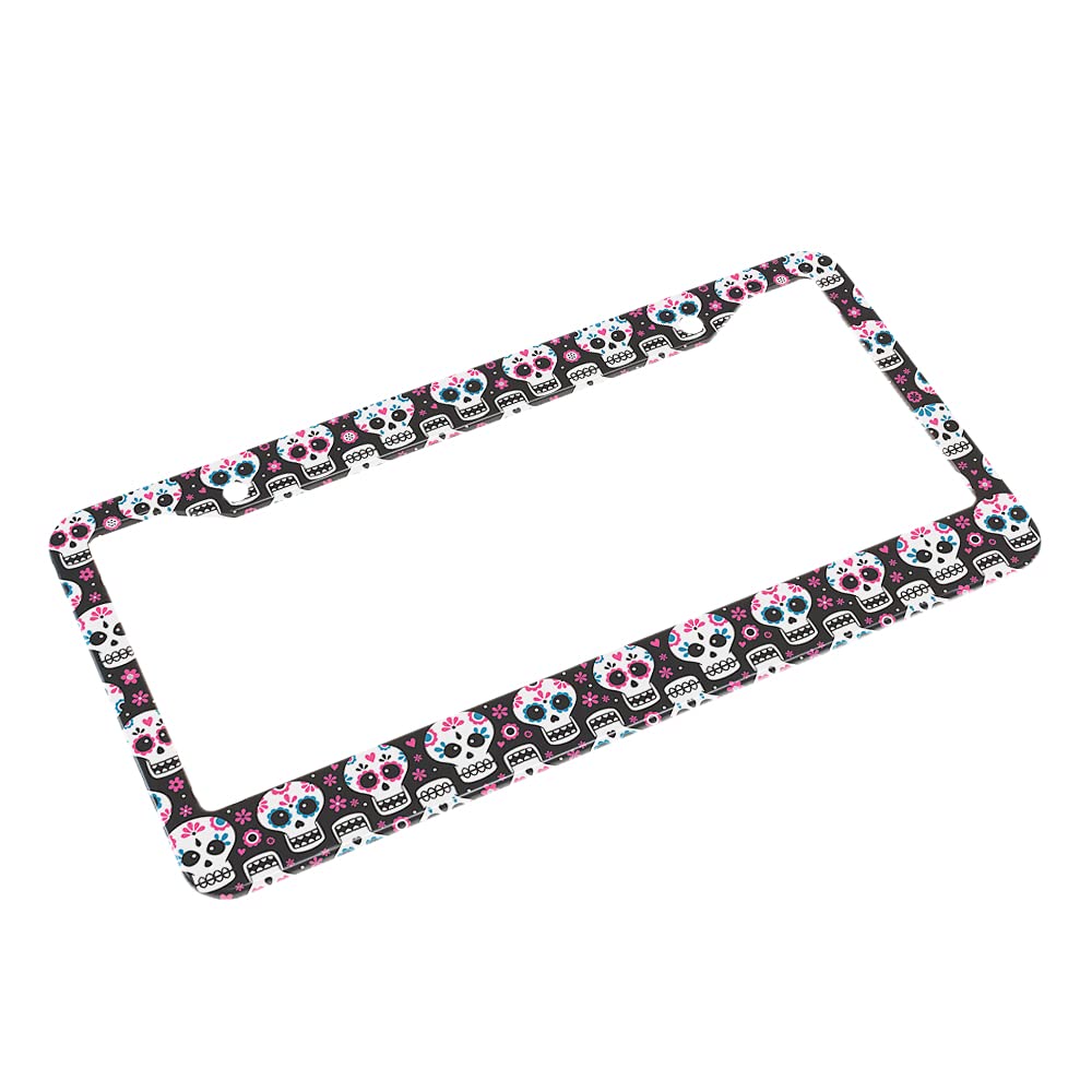 Beabes Flower Skull License Plate Frame Pink Flowers License Plate Holder Cute Funny Skulls Car Tag Frame License Plate Cover Car Accessories 2 Holes Novelty Auto Car Tag Vanity Gift