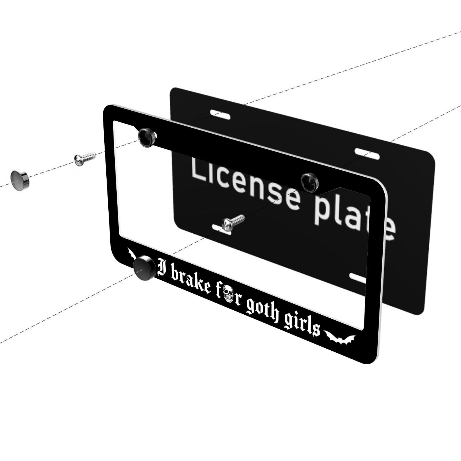 I Brake For Goth Girls License Plate Frame Skull Gothic Car Accessories Goth License Plate Holders Auto Tag Cover 2 Holes Screws