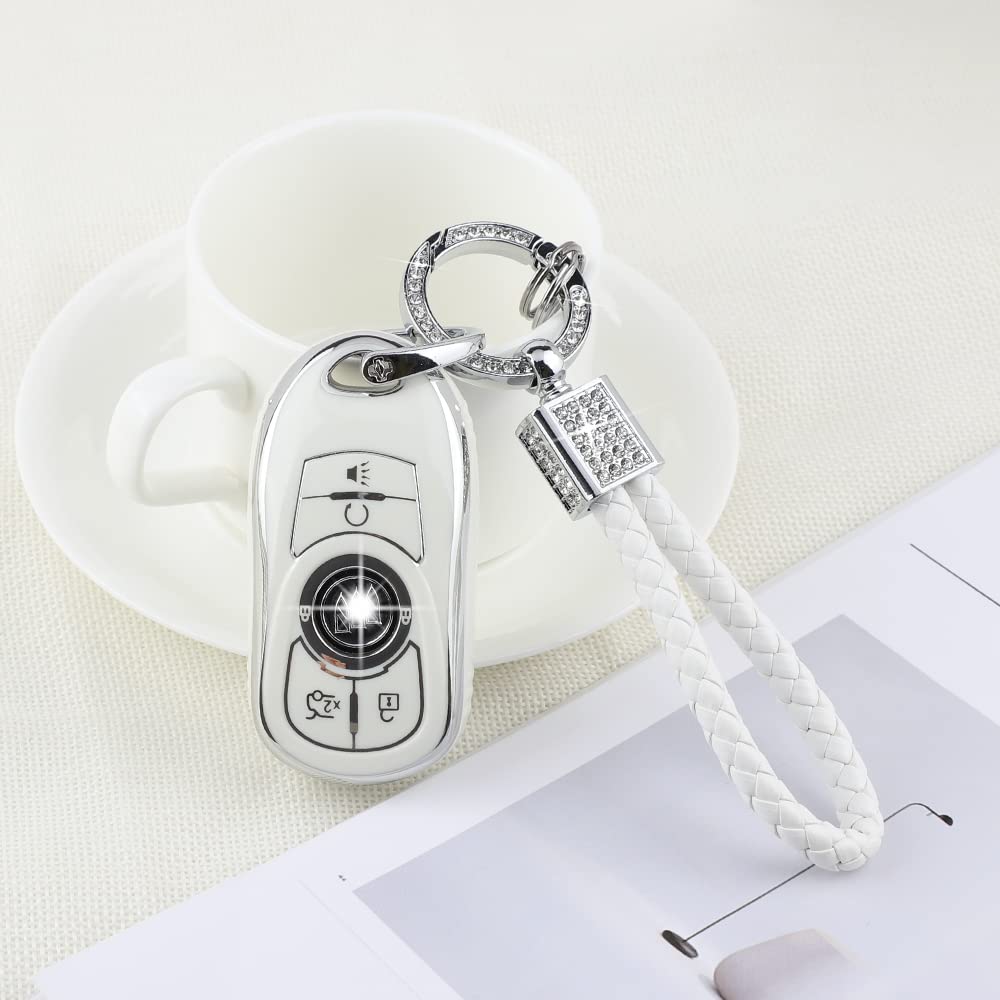 Pifoog White Key Fob Cover For Buick 6 Buttons Car Keys Shell Case Protector Soft Tpu Bling Keychain For Buick Enclave Encore Lacrosse Regal Envision Accessories Girly Women