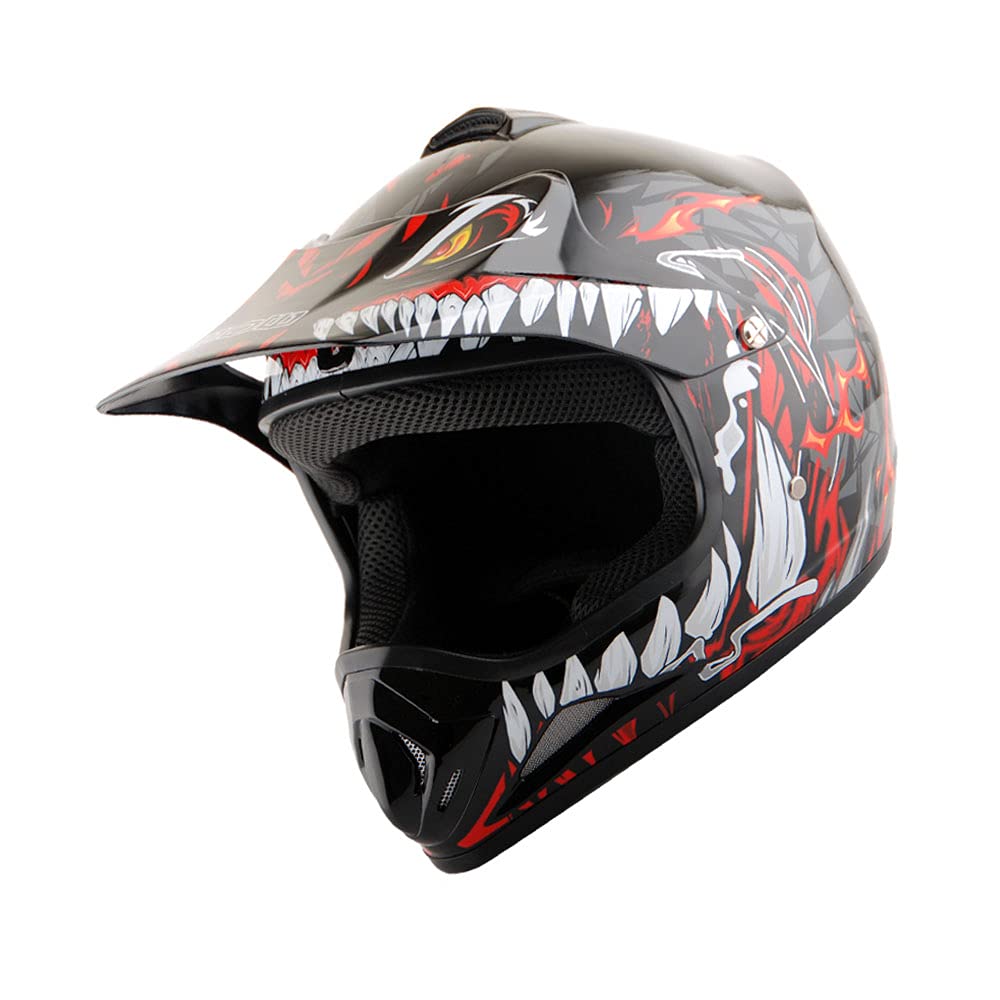 Wow Youth Kids Motocross Bmx Mx Atv Dirt Bike Helmet Dragon Dianasour Red + Goggles + Mg Youth Red Glove Bundle