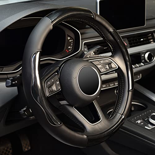 Zhol Steering Wheel Cover Universal 15 Inch Microfiber Leather Carbon Fiber Steering Wheel Covers, Anti-Slip Car Interior Accessories For Men And Women, Black