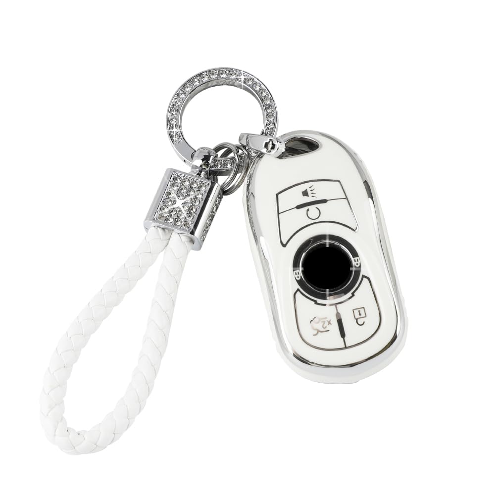 Pifoog White Key Fob Cover For Buick 6 Buttons Car Keys Shell Case Protector Soft Tpu Bling Keychain For Buick Enclave Encore Lacrosse Regal Envision Accessories Girly Women