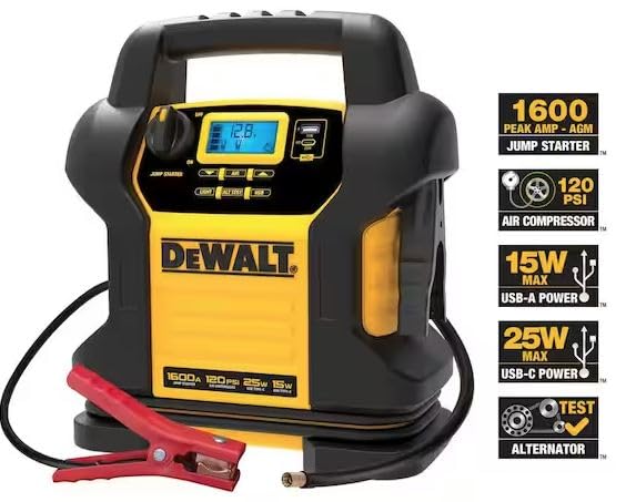 DEWALT DXAEJ14-Type3 Digital Portable Power Station Jump Starter - 1600A, 120 PSI Compressor, AC Charging, USB-A & USB-C Ports