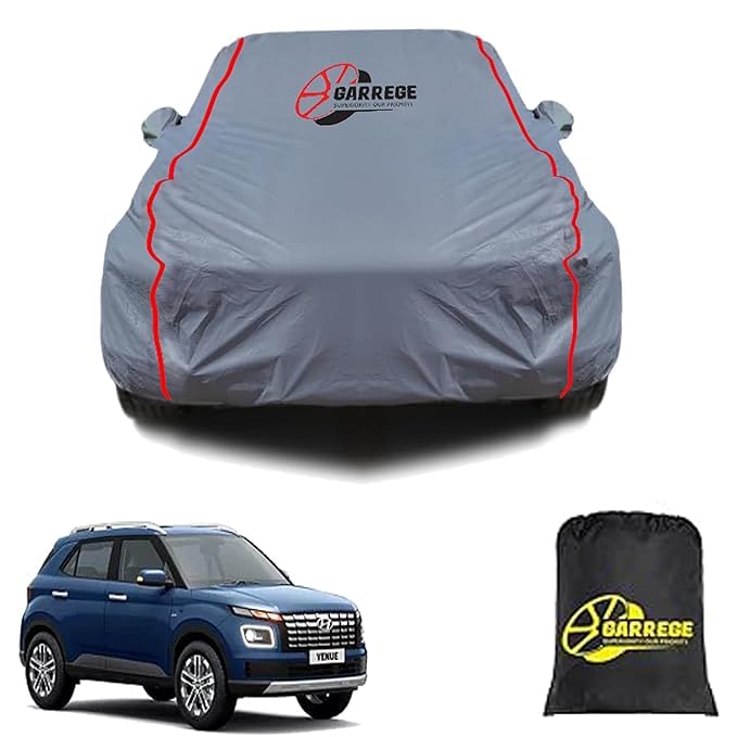 Garrege Hyundai Venue Waterproof Car Body Cover With Mirror And Anteena Packets 150 Gsm Grey Fabric With Piping Style All Weathe