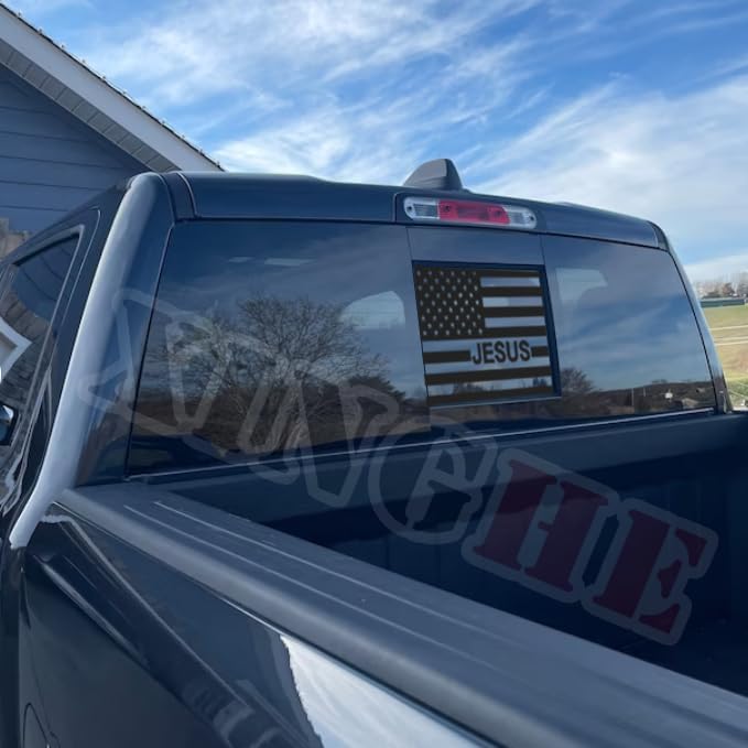 Xinghe Matte Black Jesus American Flag Decals for 2019-2025 Chevy Silverado GMC Sierra Rear Middle Window